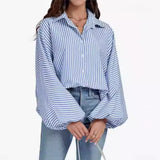 Toleet fall outfits women Fall 2024 Women's Striped Bishop Long Sleeve Collar V-neck Button-down Shirt Loose