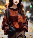 fall outfits aesthetic Maillard Retro Contrast Color Stitching Sweater Women's Autumn and Winter New Lazy Style round Neck Pullover Knitted Top