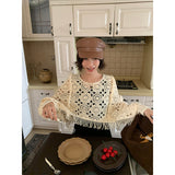 boho 2024 Autumn Retro Elegant round Neck Tassel Crocheted Hollow Short Pullover Sweater Blouse 