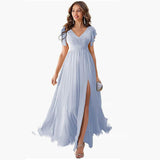 dress Ruffle Sleeve Slit Chiffon Bridal Shower Dress Long V-neck Formal Chiffon Maxi Dress Cocktail Party Evening Dress