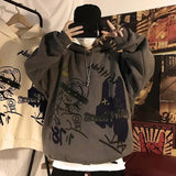 mens fall outfits Graffiti Floor Shoulder Hip Hop Loose Hooded Oversize 