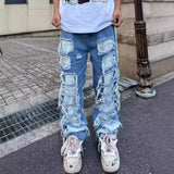 drip outfit men Baggy Erosion Split Patch Jeans Men's High Street Loose Straight Beggar Trousers