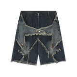 90s fashion men Fashion Brand American Five-Pointed Star Patch Embroidered Denim Shorts Men's Summer Personality Frayed Cat Beard Straight Shorts