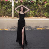 dress Black Jacquard Summer Lace Strap Dress Women's Slim-Fit Slimming Pure Mid-Length Dress Split Waist-Tight Hot Girl Dress