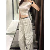 tomboy outfit American High Street Retro Multi-Pocket High Waist Loose Wide Leg Denim Pants