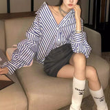 fall outfits women Vertical Striped Blue Shirt Coat Women's Spring Design Sense Niche Loose Shirt Long Sleeve Top