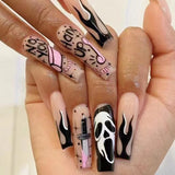 long 24Pcs Halloween Black Ghost Long Ballet False Nails