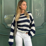 2024 Winter New Sweater Women's round Neck Striped Loose Lazy All-Match Long Sleeve Knitted Sweater Women