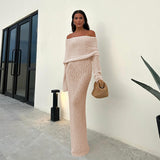 white dress Autumn Beach Vacation Sexy Long Dress Knitted Backless off-Neck Dress Blouse for Women