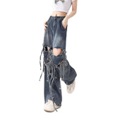 90s streetwear Love Knot Knee-Heart Denim Pants