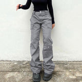 outfit inspo New Solid Color Denim Multi-Pocket Straight Casual Pants Gray Low Waist No Belt Loose Trousers