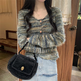 fall outfits aesthetic Retro Striped Square Collar Fur Soft Glutinous Sweater Cardigan Coat Women's Spring and Autumn Loose Lazy Style Short Knitted Top