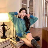 Korean Style Design Contrast Color round Neck Long-Sleeved Knitted Cardigan Women's Autumn and Winter 