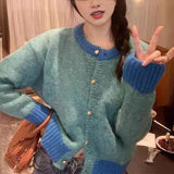 Korean Style Design Contrast Color round Neck Long-Sleeved Knitted Cardigan Women's Autumn and Winter 