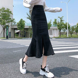 skirt outfits Summer High Waist Small Denim Skirt Women's Split Ruffled Stretch Slim Hip Skirt Mid-Length Fishtail Skirt