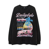 Fashion Vintage Distressed Washed Car Print Loose Long Sleeve T-shirt Men and Women Casual Top