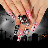 long 24Pcs Halloween Black Ghost Long Ballet False Nails