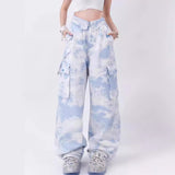 Toleet fall outfits aesthetic Camouflage Overalls Women's Flip Waist Tie-Dye Design Loose Straight Casual Pants