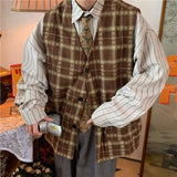 90s fashion men Retro Plaid Vest Waistcoat Loose Autumn Corduroy All-Match Casual Vest Ins Striped Men