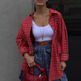 90s fashion men Autumn New Women's Red Plaid Shirt Women's Casual Design Loose Long Sleeve Shirt