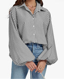 fall outfits women Fall 2024 Women's Striped Bishop Long Sleeve Collar V-neck Button-down Shirt Loose