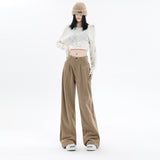 Autumn and Winter New Khaki Chenille Wide-Leg Pants Women's Small Maillard Pleated Casual Straight Long Pants