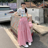 church outfit Retro Pink Plaid Lace-up High Waist Skirt for Women 2024 Summer New Loose Slimming Casual Skirt Umbrella Skirt