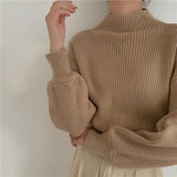 2024 fall fashion trends Women's Half Turtleneck Solid Color Lantern Sleeve Knitted Sweater Top 2024 Autumn and Winter New Korean Style Simple Loose Base