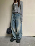 outfit ideas for school 2024 Autumn Personalized Pleated Stand Cut Design Jeans Women's Loose Tie-Dyed Wide-Leg Pants 