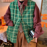 90s fashion men Retro Plaid Vest Waistcoat Loose Autumn Corduroy All-Match Casual Vest Ins Striped Men