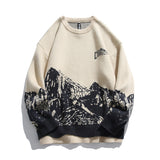 Toleet 90s fashion men Japanese Retro Snow Mountain Jacquard round Neck Sweater Men's Fashion Brand Loose Couple All-Match Casual Sweater