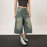 baggy jeans Hong Kong Style Retro Street Hipster High Waist Straight Versatile Slimming Breeches Summer Wide Leg Denim Cropped Pants Women's Short