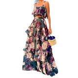 birthday outfit 2024 Summer New Beach Edge Holiday Style Printed Two-Piece Suspender Top Cake Skirt Long Skirt Suit Women