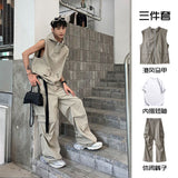 90s fashion men Zipper Hooded Vest Overalls Suit Boys Niche Design Loose Casual Sleeveless T-shirt Trousers Ruan Handsome