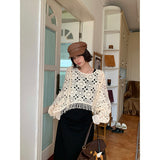 boho 2024 Autumn Retro Elegant round Neck Tassel Crocheted Hollow Short Pullover Sweater Blouse 