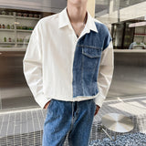 90s fashion men Fake Two-Piece Stitching Denim Shirt Men's Spring and Autumn New Fashion Brand Long-Sleeved Shirt Korean Men's Top