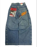 90s streetwear Retro Street Fashion Brand Printed Hiphop Wide-Leg Straight Loose Jeans Men's Design Pants