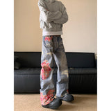 jeans American High Street Stitching High Jeans Men's Summer New Micro Horn Pants Printed Stitching Casual Long Pants