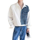 90s fashion men Fake Two-Piece Stitching Denim Shirt Men's Spring and Autumn New Fashion Brand Long-Sleeved Shirt Korean Men's Top