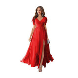 dress Ruffle Sleeve Slit Chiffon Bridal Shower Dress Long V-neck Formal Chiffon Maxi Dress Cocktail Party Evening Dress