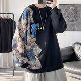 streetwear men outfits Perth People Stitching Bear Printed round Neck Sweater Casual Pullover Bottoming Shirt Men's Handsome Fashion plus Size Top