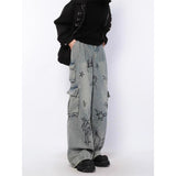 Toleet y2k Retro Graffiti Cartoon Jeans Men's Spring and Autumn New Niche Design Loose Straight Wide Leg Slimming Pants Fashion