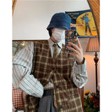 90s fashion men Retro Plaid Vest Waistcoat Loose Autumn Corduroy All-Match Casual Vest Ins Striped Men