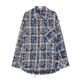 Fall Street Style Harajuku style frat outfits Spring and Autumn Retro American Plaid Long-Sleeved Shirt Frayed Design Men's Loose Niche Shirt Jacket Jacket