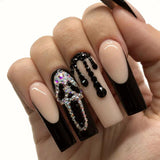 long 24Pcs Halloween Black Ghost Long Ballet False Nails