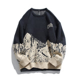 90s fashion men Japanese Retro Snow Mountain Jacquard round Neck Sweater Men's Fashion Brand Loose Couple All-Match Casual Sweater