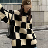 fall sweater Chessboard Plaid Sweater for Women 2024 Autumn and Winter New Design Sense Niche Top Retro Japanese Style Lazy Style Sweater