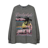 Fashion Vintage Distressed Washed Car Print Loose Long Sleeve T-shirt Men and Women Casual Top