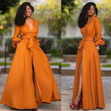 Toleet 2024 fall fashion trends Women's Deep V Long Sleeve Waist Solid Color Cardigan Dress Long Dress