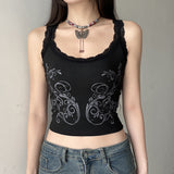 grunge outfits Dark Gothic Printed Sexy Lace Stitching U-Neck Slim Strap Summer Millennium Retro Slimming Sleeveless Vest